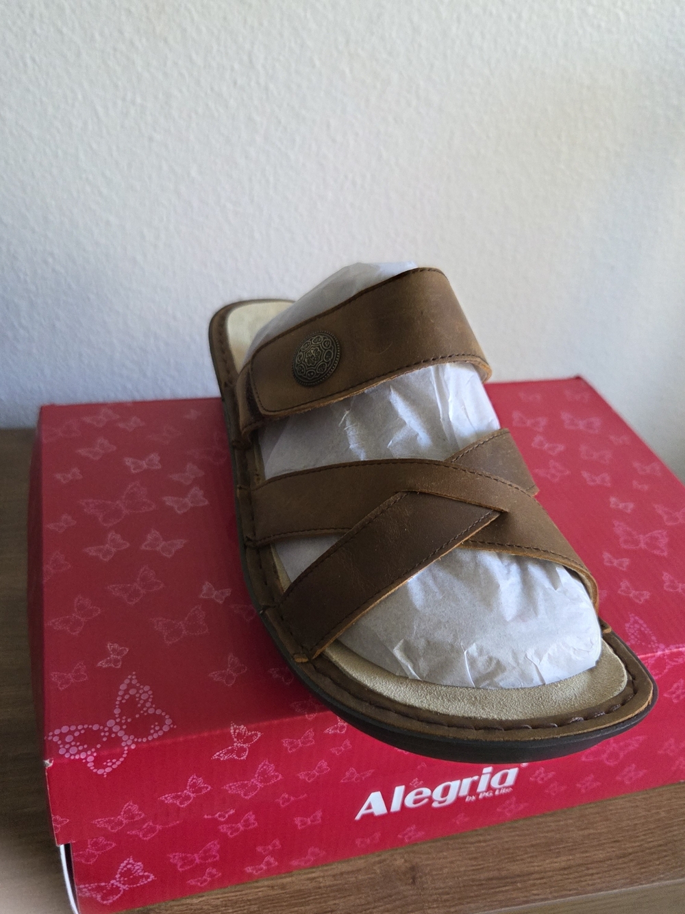 Alegria Women Brown Leather Slide Sandals